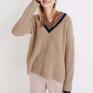 Madewell Tan V-Neck Wool Sweater with Striped Trim